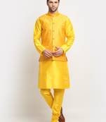 Men Silk Yellow Kurta Churidar With Yellow Polka Dotted Nehru Jacket Set