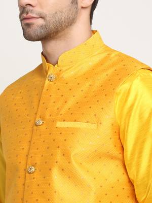 Men Silk Yellow Kurta Churidar With Yellow Polka Dotted Nehru Jacket Set 2