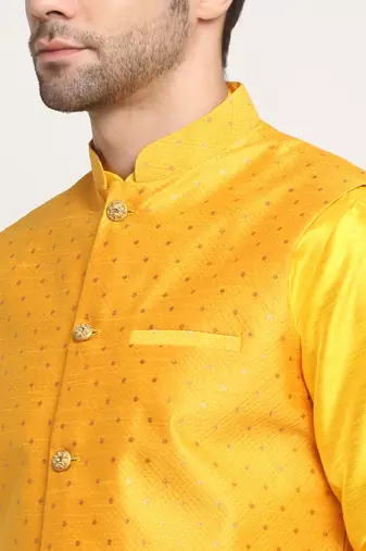Men Silk Yellow Kurta Churidar With Yellow Polka Dotted Nehru Jacket Set