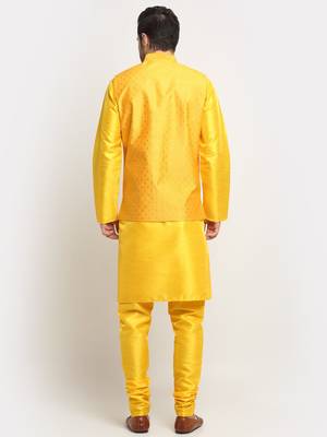 Men Silk Yellow Kurta Churidar With Yellow Polka Dotted Nehru Jacket Set 3