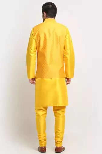 Men Silk Yellow Kurta Churidar With Yellow Polka Dotted Nehru Jacket Set