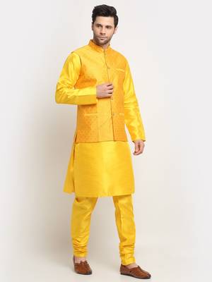 Men Silk Yellow Kurta Churidar With Yellow Polka Dotted Nehru Jacket Set 4