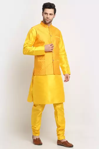 Men Silk Yellow Kurta Churidar With Yellow Polka Dotted Nehru Jacket Set