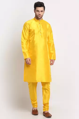 Men Silk Yellow Kurta Churidar With Yellow Polka Dotted Nehru Jacket Set