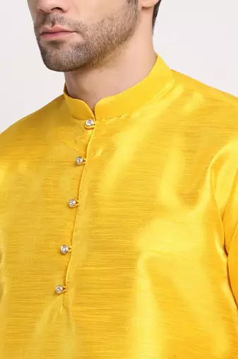Men Silk Yellow Kurta Churidar With Yellow Polka Dotted Nehru Jacket Set