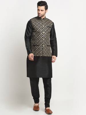 Men Silk Black Kurta Churidar With Black Embroided Nehru Jacket Set 1