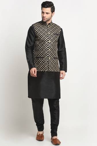 KRAFT INDIA Men Silk Black Kurta Churidar With Black Embroided Nehru Jacket Set