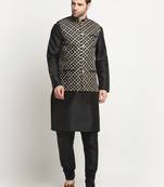 Men Silk Black Kurta Churidar With Black Embroided Nehru Jacket Set