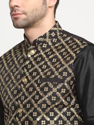 Men Silk Black Kurta Churidar With Black Embroided Nehru Jacket Set 2