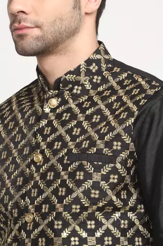 Men Silk Black Kurta Churidar With Black Embroided Nehru Jacket Set