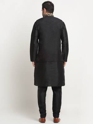 Men Silk Black Kurta Churidar With Black Embroided Nehru Jacket Set 3