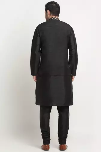 Men Silk Black Kurta Churidar With Black Embroided Nehru Jacket Set