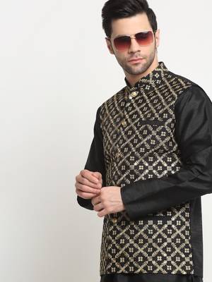 Men Silk Black Kurta Churidar With Black Embroided Nehru Jacket Set 4
