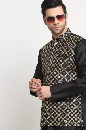 Men Silk Black Kurta Churidar With Black Embroided Nehru Jacket Set