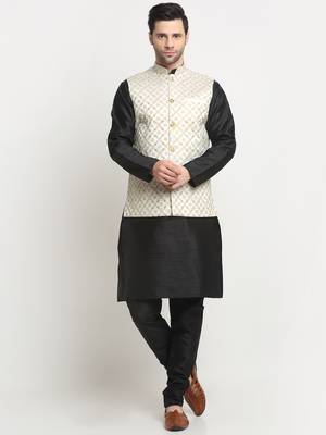 Men Silk Black Kurta Churidar With Cream Embroided Nehru Jacket Set 1