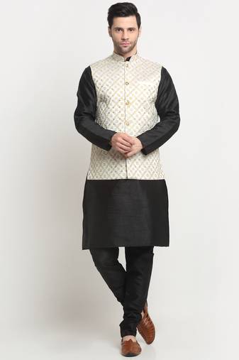 Men Silk Black Kurta Churidar With Cream Embroided Nehru Jacket Set