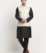 Men Silk Black Kurta Churidar With Cream Embroided Nehru Jacket Set