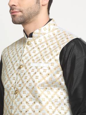 Men Silk Black Kurta Churidar With Cream Embroided Nehru Jacket Set 2