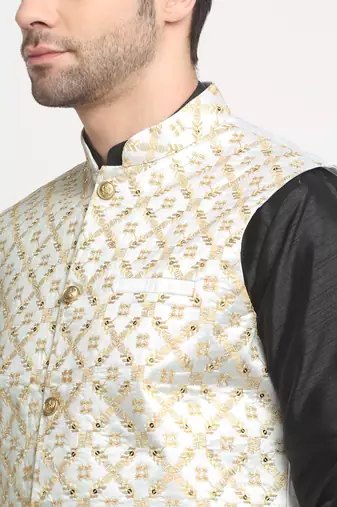 Men Silk Black Kurta Churidar With Cream Embroided Nehru Jacket Set
