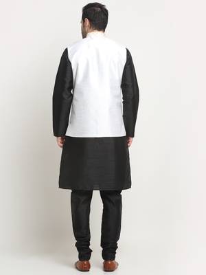 Men Silk Black Kurta Churidar With Cream Embroided Nehru Jacket Set 3