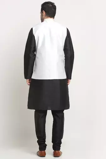 Men Silk Black Kurta Churidar With Cream Embroided Nehru Jacket Set