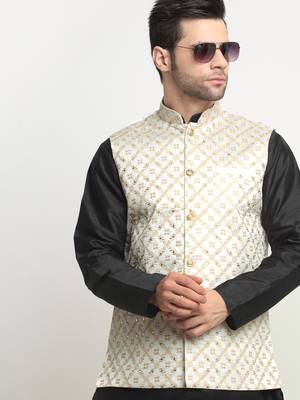 Men Silk Black Kurta Churidar With Cream Embroided Nehru Jacket Set 4