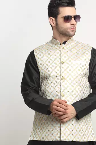 Men Silk Black Kurta Churidar With Cream Embroided Nehru Jacket Set