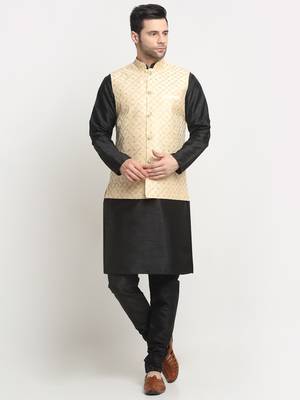 men silk black kurta churidar with beige embroiderednehru jacket set 1
