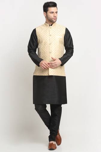 KRAFT INDIA Men Silk Black Kurta Churidar With Beige Embroided Nehru Jacket Set