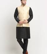 men silk black kurta churidar with beige embroiderednehru jacket set