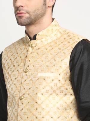 men silk black kurta churidar with beige embroiderednehru jacket set 2