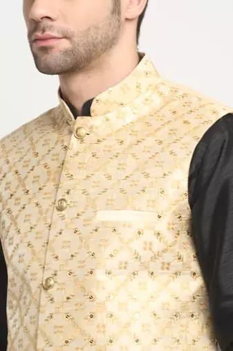 men silk black kurta churidar with beige embroiderednehru jacket set