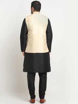 men silk black kurta churidar with beige embroiderednehru jacket set 3