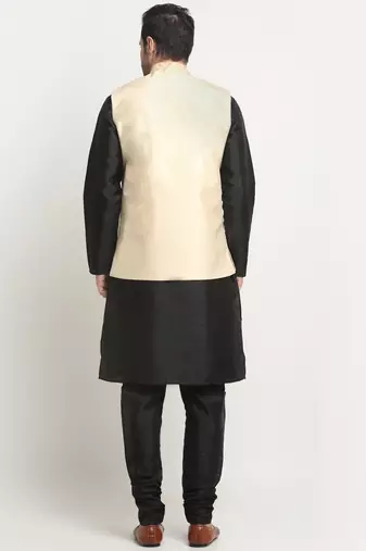 men silk black kurta churidar with beige embroiderednehru jacket set