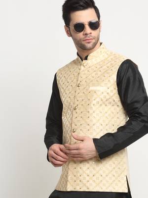 men silk black kurta churidar with beige embroiderednehru jacket set 4
