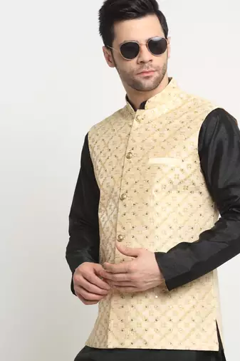 men silk black kurta churidar with beige embroiderednehru jacket set