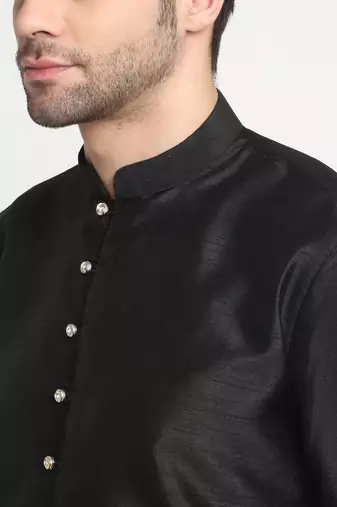 men silk black kurta churidar with beige embroiderednehru jacket set
