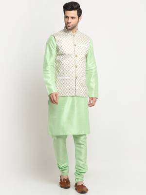 Men Silk Sea Green Kurta Churidar With Cream Embroided Nehru Jacket Set 1