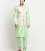 Men Silk Sea Green Kurta Churidar With Cream Embroided Nehru Jacket Set