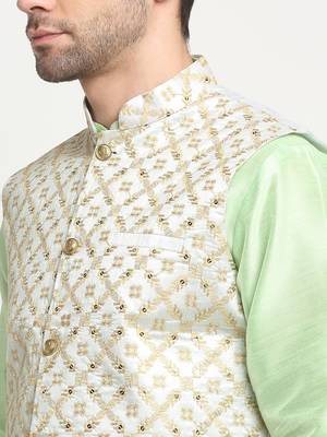 Men Silk Sea Green Kurta Churidar With Cream Embroided Nehru Jacket Set 2