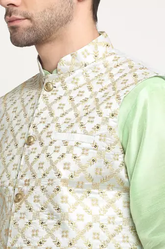 Men Silk Sea Green Kurta Churidar With Cream Embroided Nehru Jacket Set