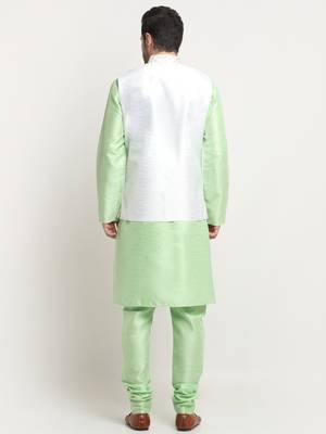 Men Silk Sea Green Kurta Churidar With Cream Embroided Nehru Jacket Set 3