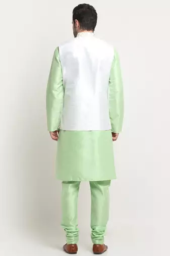 Men Silk Sea Green Kurta Churidar With Cream Embroided Nehru Jacket Set