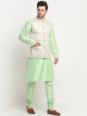 Men Silk Sea Green Kurta Churidar With Cream Embroided Nehru Jacket Set 4