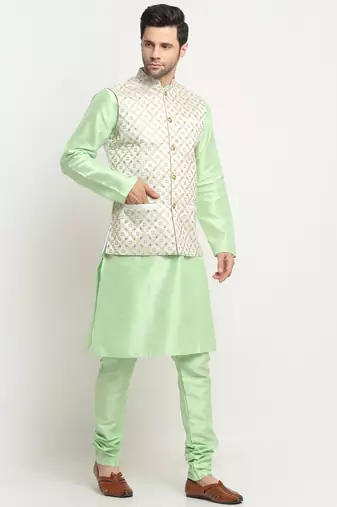 Men Silk Sea Green Kurta Churidar With Cream Embroided Nehru Jacket Set