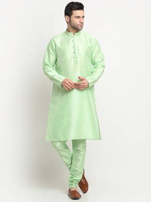 Men Silk Sea Green Kurta Churidar With Cream Embroided Nehru Jacket Set 5