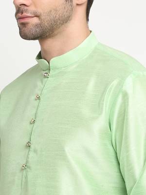 Men Silk Sea Green Kurta Churidar With Cream Embroided Nehru Jacket Set 6