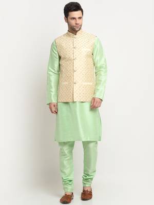 Men Silk Sea Green Kurta Churidar With Beige Embroided Nehru Jacket Set 1