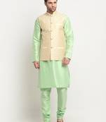 Men Silk Sea Green Kurta Churidar With Beige Embroided Nehru Jacket Set