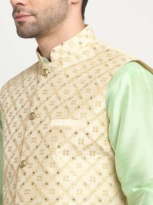 Men Silk Sea Green Kurta Churidar With Beige Embroided Nehru Jacket Set 2